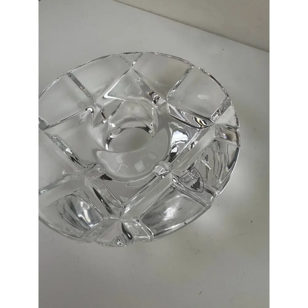 Orrefors Clear Tea Light Candle Holder Crystal Glass Round Abstract Hand Blown